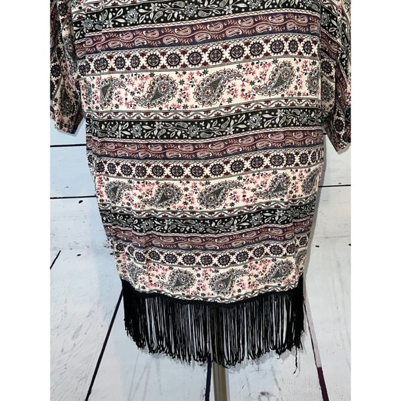 Mauve Open Front Cardigan Lagenlook Fringed Paisley Sweater Shirt Medium ST8232 - Picture 6 of 10